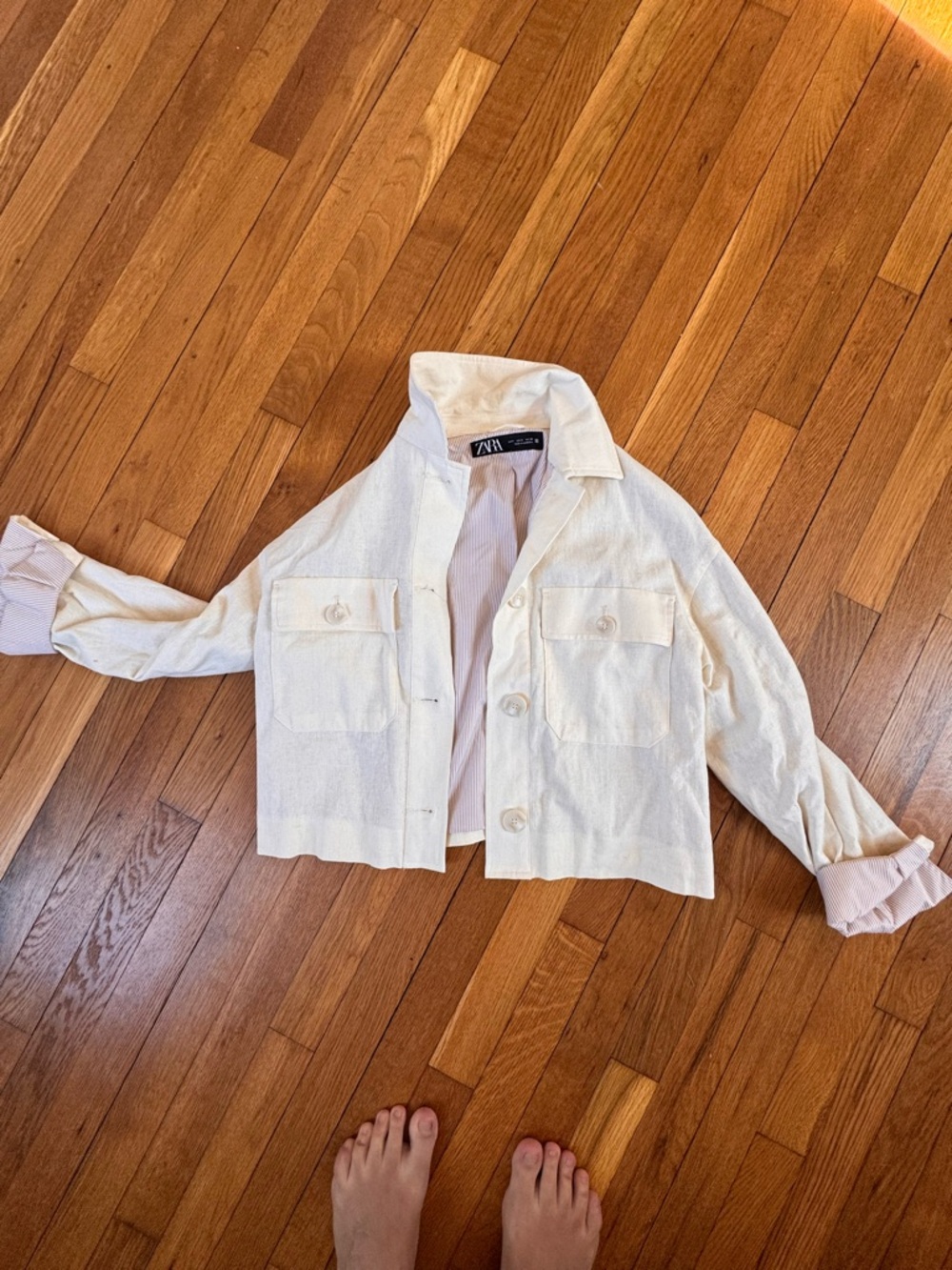 Zara Light Cream Collared Jacket with Striped Lining